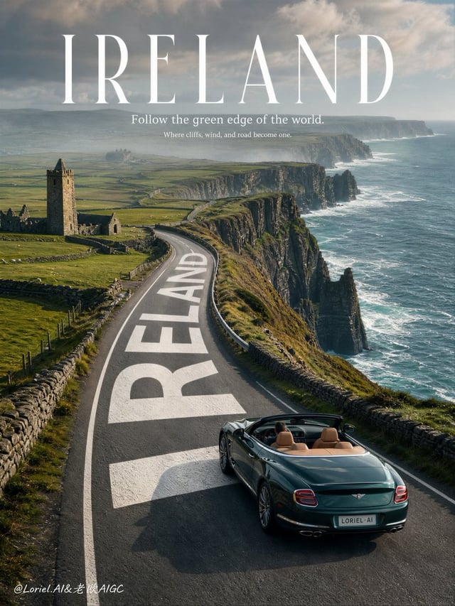 Create an ultra-premium vertical tourism campaign poster for Ireland, built on a dramatic scenic-roa