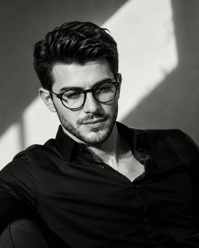 Ultra-realistic cinematic black-and-white editorial portrait, young man with thick wavy textured hai