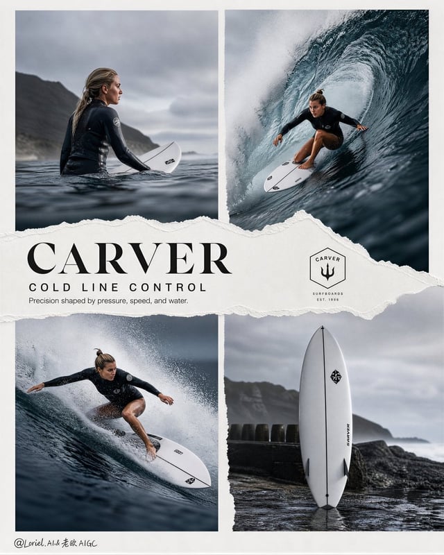 Create an ultra-premium four-panel advertising campaign board for Carver, designed as a high-impact 