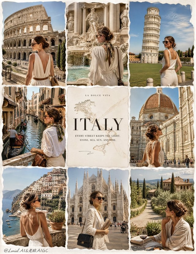 Create an ultra-premium 3x3 travel campaign board for ITALY, preserving the same refined nine-panel 