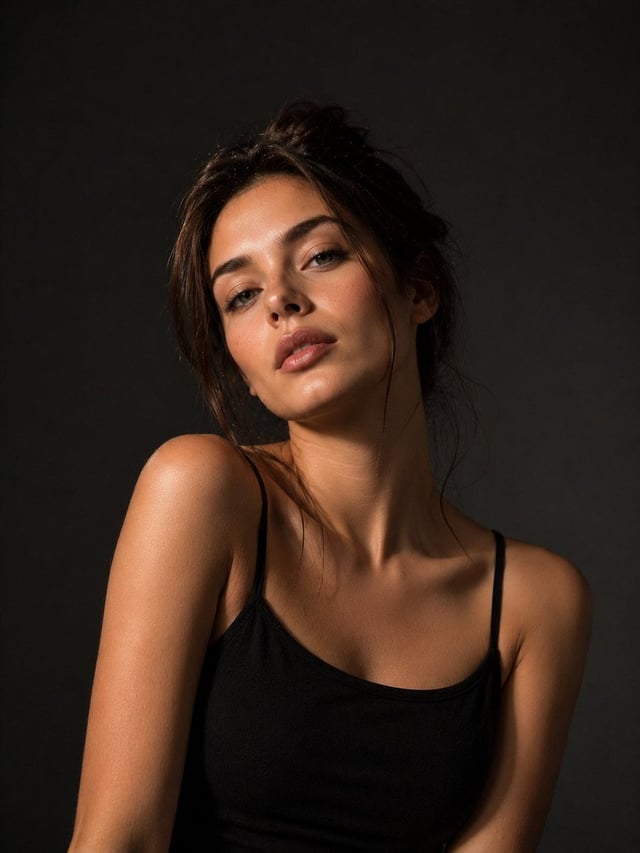 Ultra-photorealistic editorial studio portrait of a naturally beautiful young European woman with fa