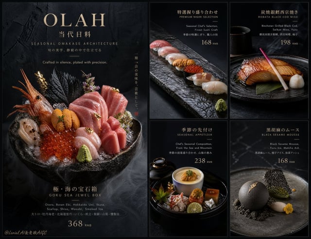 Create an ultra-premium five-panel restaurant campaign board for OLAH Japanese Dining, preserving th