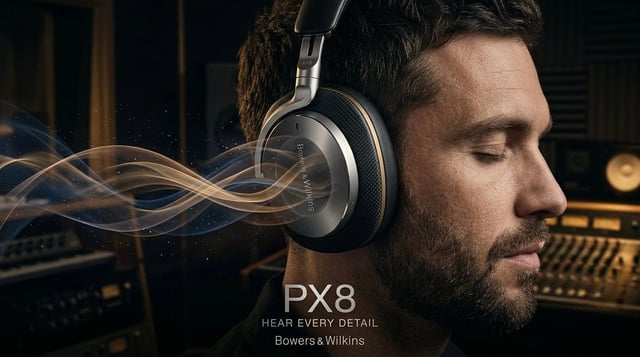 Ultra-premium cinematic advertising poster for Bowers & Wilkins Px8 luxury wireless headphones. Extr