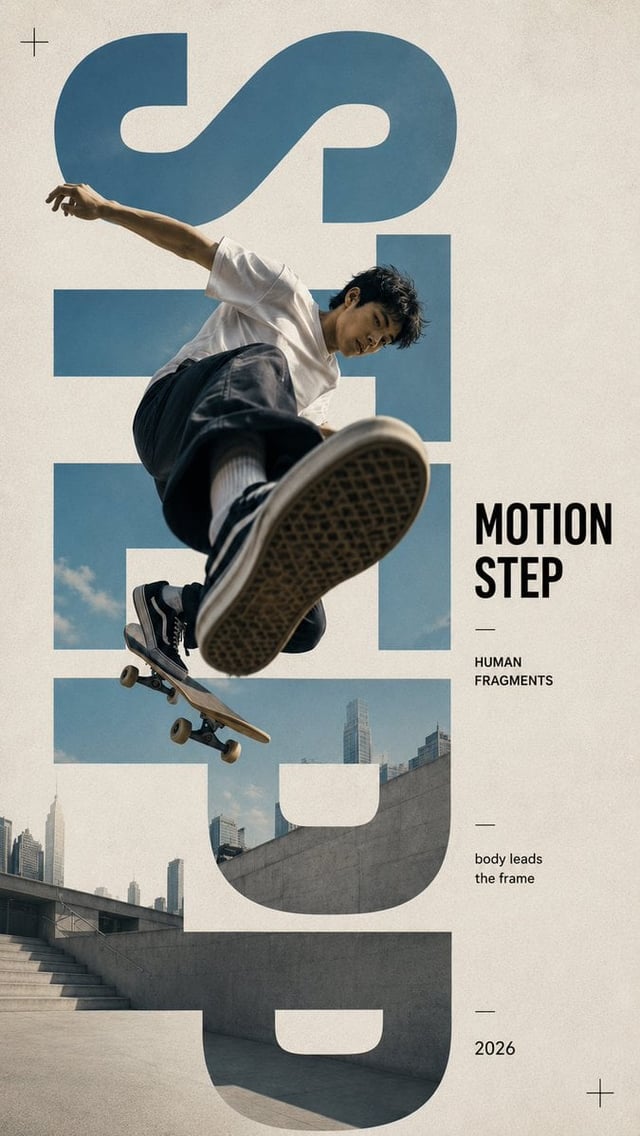 Create a 9:16 editorial typography poster from a single human-centered lifestyle moment.