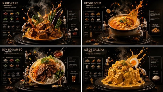 2x2 grid, 16:9, do this for 4 underrated international dishes CREATE VIEW culinary_performance AS WI