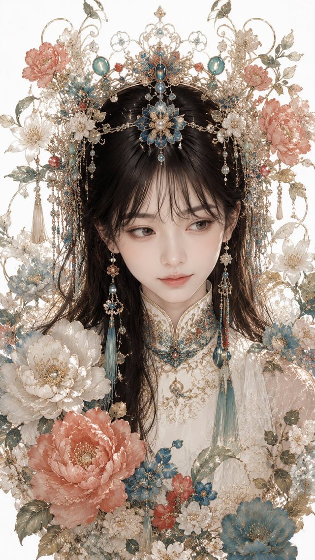 New Chinese-style couture portrait, anime-inspired gongbi illustration, hyperdetailed fine-line line
