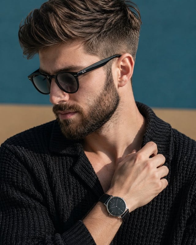 A close-up, cinematic fashion editorial portrait of a stylish man with a sharp undercut fade and a t