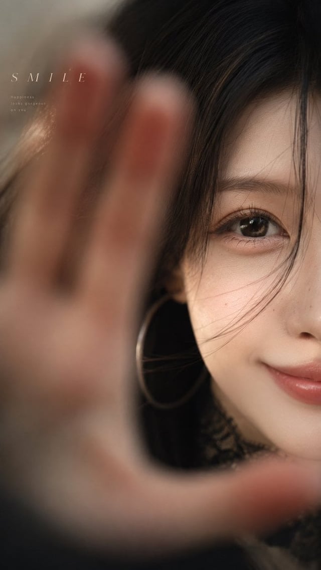 以上传图片为参考，手掌贴近镜头形成的前景虚化、单眼特写、拍摄角度、动作姿势、光影、景深与情绪氛围。