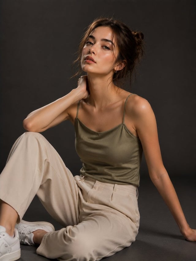 Ultra-photorealistic editorial fashion portrait in a minimalist photography studio with a seamless c