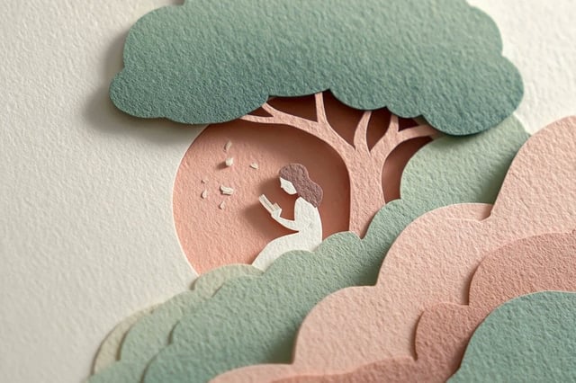 Layered paper-cut illustration of [Subject], built with overlapping shapes in soft [Color One] and [