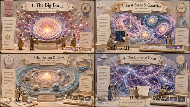 2x2 grid, 16:9, do this for 4 stages of the history of universe: a = { soft museum diorama: matte cl