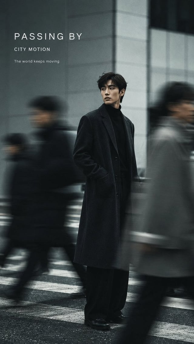 Create a 9:16 vertical fashion editorial poster with realistic slow-shutter photography and elegant 