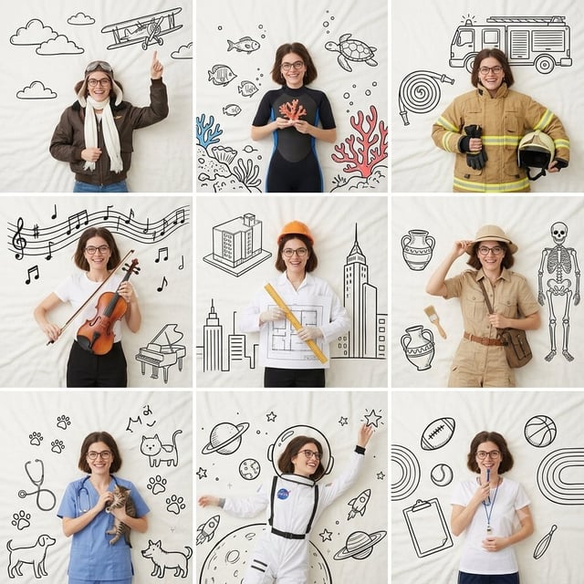 A professional 3×3 collage featuring the same beautiful young woman photographed from the reference 
