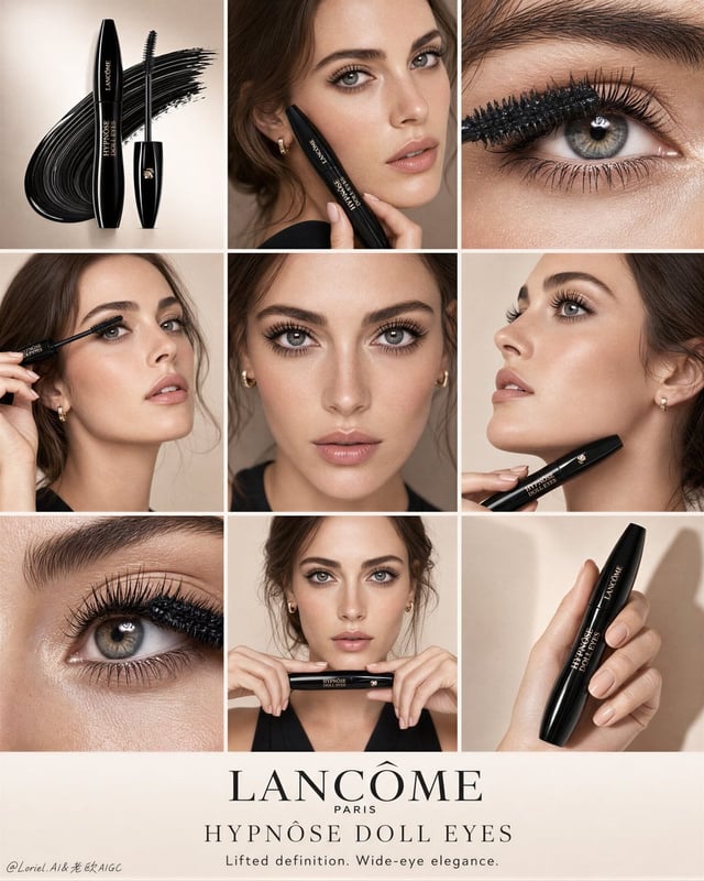 Create an ultra-premium nine-panel beauty campaign board for Lancôme, specifically Hypnôse Doll Eyes