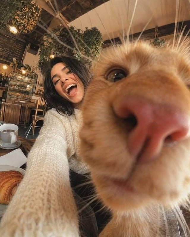 A hilarious, extreme 0.5x wide-angle low selfie looking up, ruined by a pet. An enormous fluffy oran