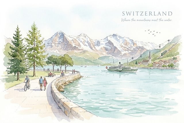 A delicate watercolor illustration on textured white paper featuring Switzerland’s alpine beauty. Ad