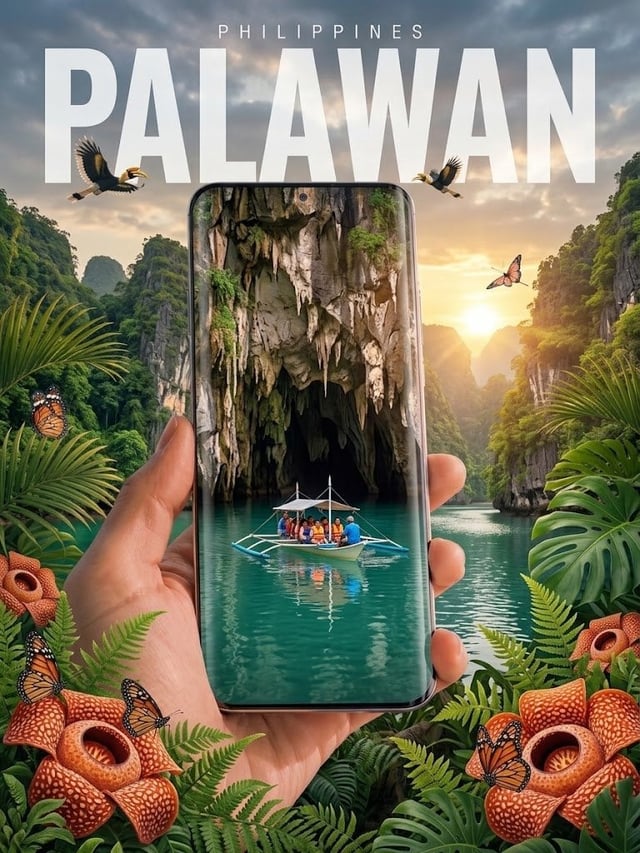 Create a cinematic vertical travel poster for [Destination, Country] using a frame-within-a-frame co