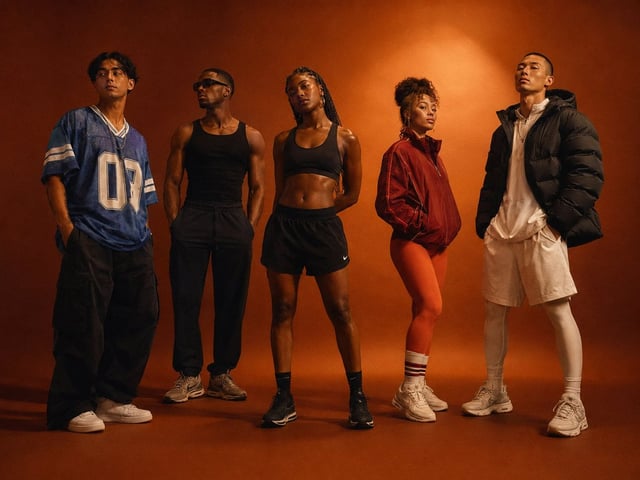 Premium cinematic group portrait of five diverse young adult athletes standing in a loose horizontal