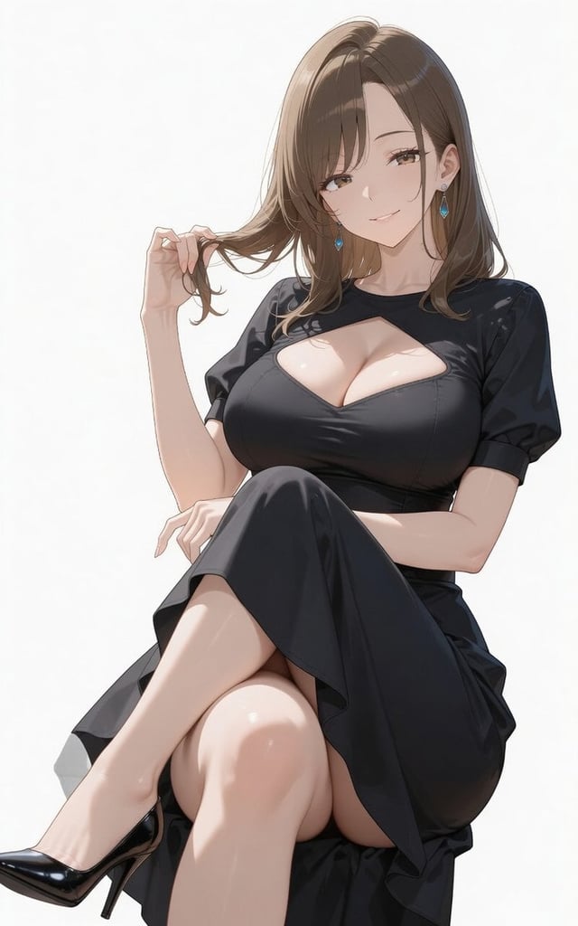 elegant shiny black satin dress with short puffy sleeves, large keyhole cutout on the chest, high-wa
