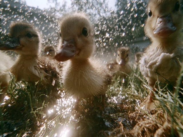 [Subject], Super 8 film, backyard sprinkler in full sun, water droplets catching light into scattere