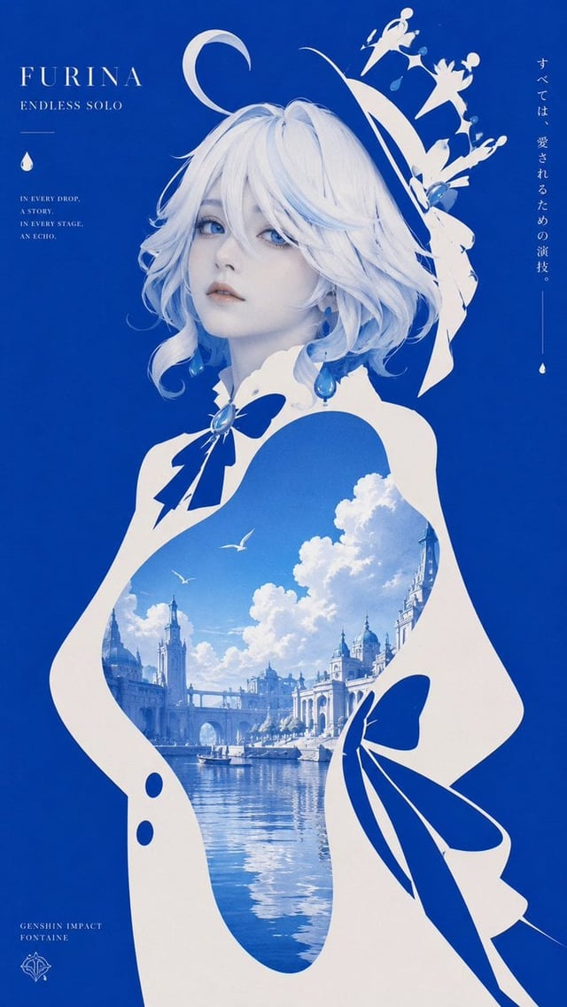 一张日系极简平面设计海报，竖版构图，高饱和纯色背景。画面中央为一个高度图形化、极简化的[主体角色]形象，主体以大面积纯色轮廓构成，头部从画面上方或中央探出，面部细节简化但保留最有识别度的五官特征。主体
