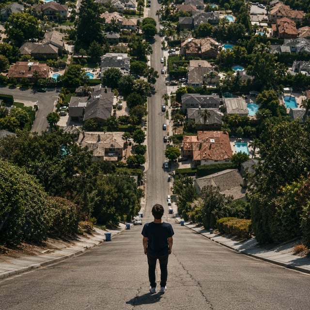 A surreal cinematic photograph of a lone young man standing in the middle of an impossibly steep sub