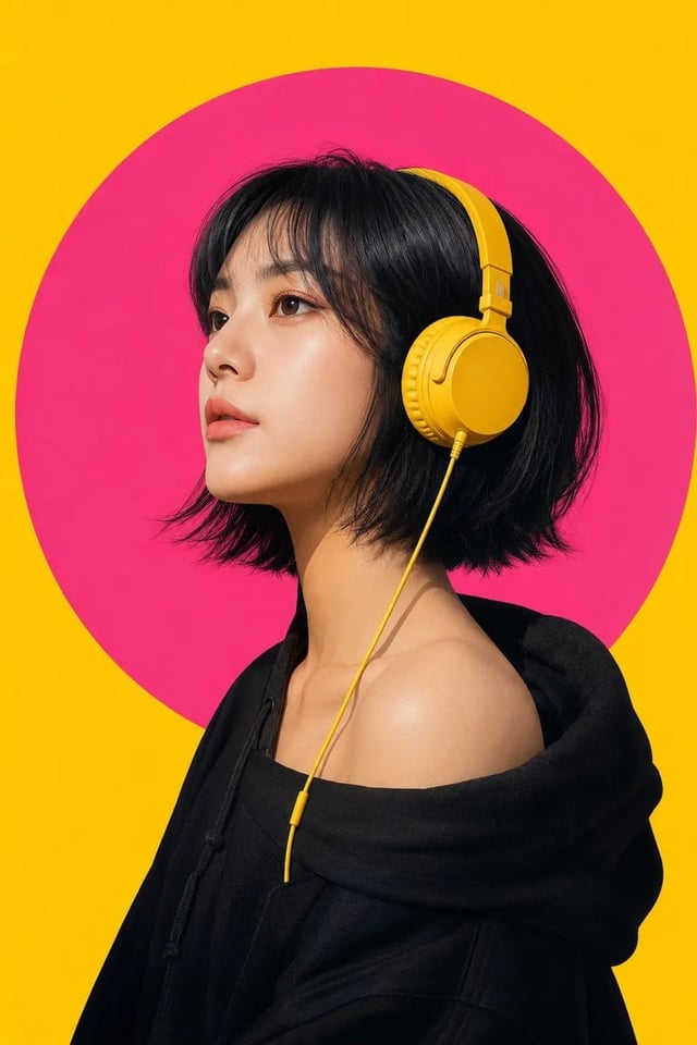 Create an ultra-detailed modern pop-art portrait of a confident East Asian woman in a clean left-sid