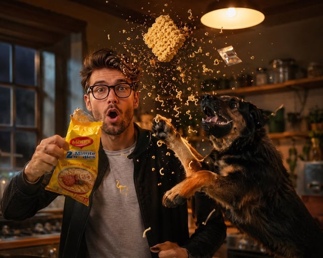 Ultra-realistic cinematic action photo of the uploaded person in a cozy modern kitchen at night, cau