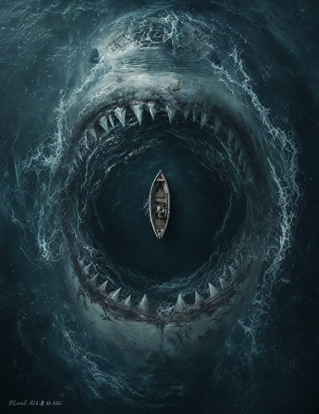 an ancient colossal shark mouth large enough to contain the entire frame, a tiny calm weathered boat