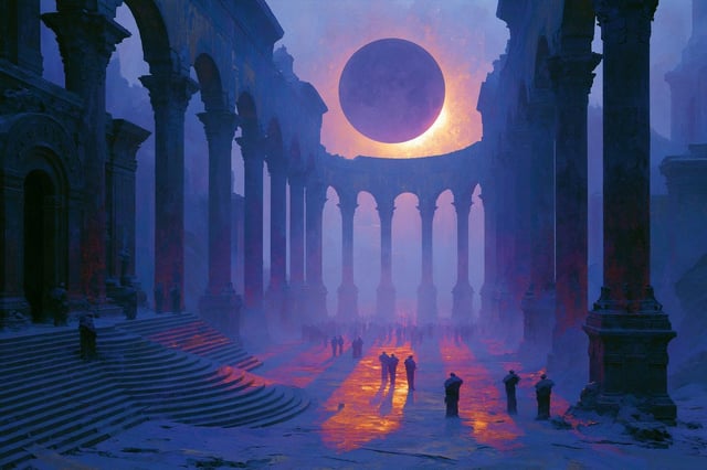[Subject] in a Lunar Eclipse Dreamscape. The scene is bathed in the ethereal glow of an eclipse, wit
