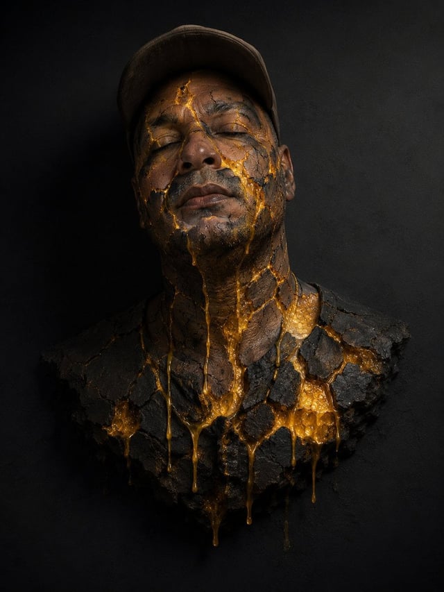 Create a surreal hyper-realistic 3D sculpture using the uploaded photo as the exact facial reference