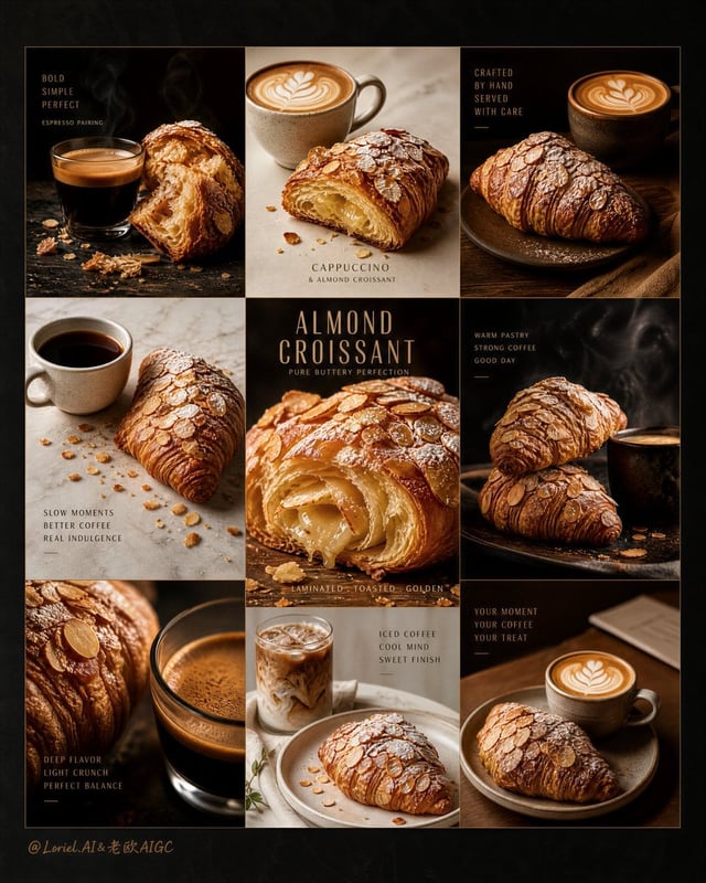 Create an ultra-premium vertical 9-panel editorial campaign board for Almond Croissant, preserving t