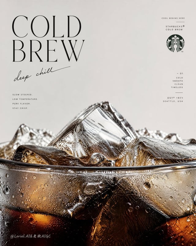 Create an ultra-premium vertical advertising poster for Starbucks Cold Brew, preserving the same min