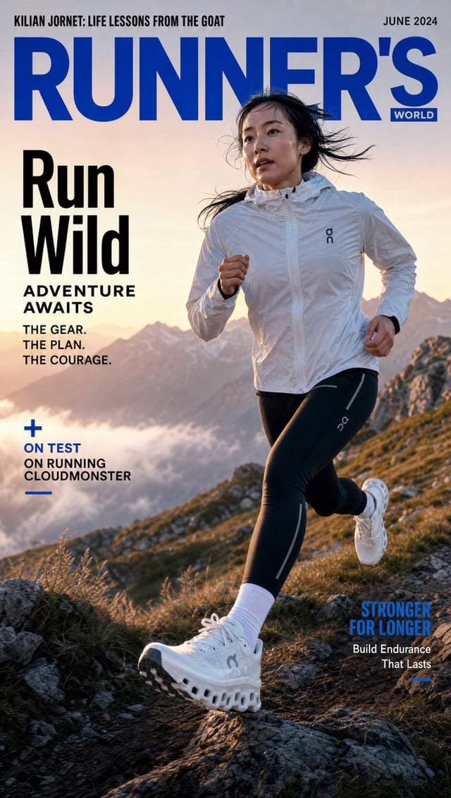Ultra-realistic running campaign magazine cover featuring an athletic Korean woman mid-stride on a m