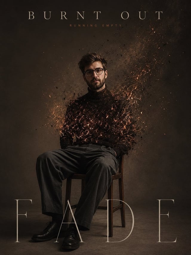 A man sits quietly on a chair in an empty studio. His upper body gradually dissolves into glowing as