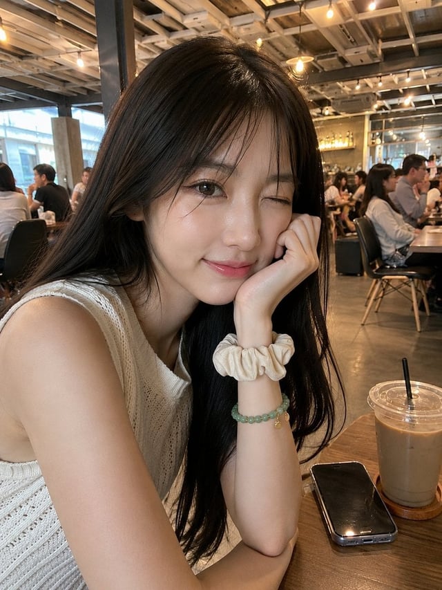Ultra-realistic smartphone photo of a beautiful young Japanese woman with smooth porcelain skin, sof