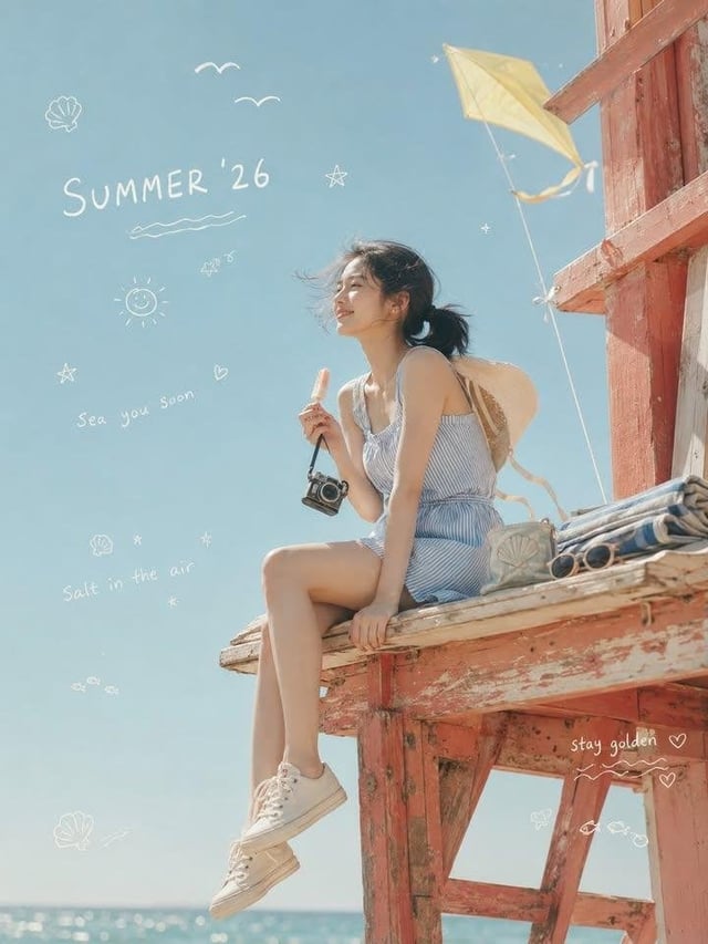 An ultra-realistic cinematic dreamy lifestyle photo celebrating SUMMER ’26, featuring a young Korean