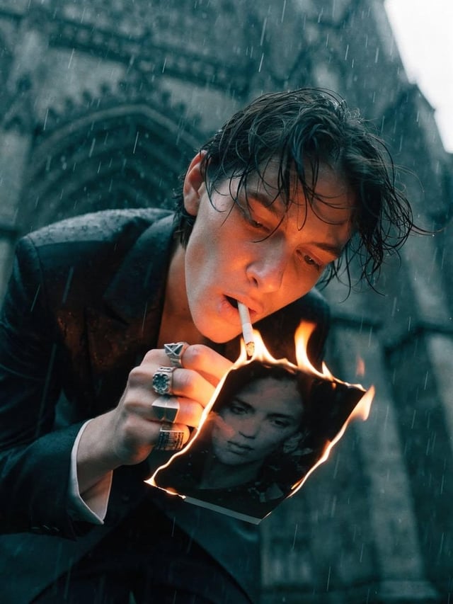 Ultra-cinematic dark editorial fashion portrait, melancholic atmosphere, heavy rain, overcast storm 