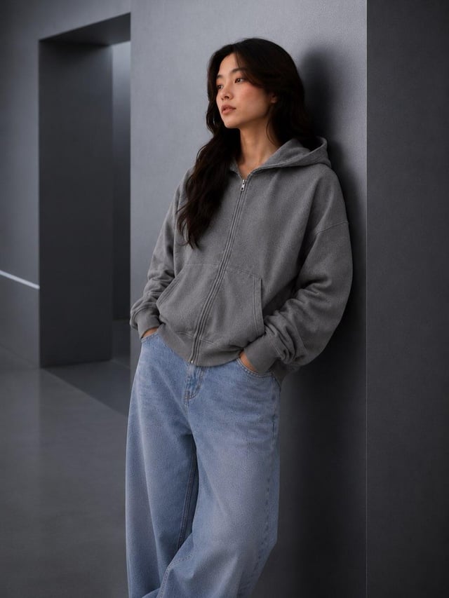 Minimalist fashion editorial portrait of a young woman leaning casually against a smooth charcoal-gr