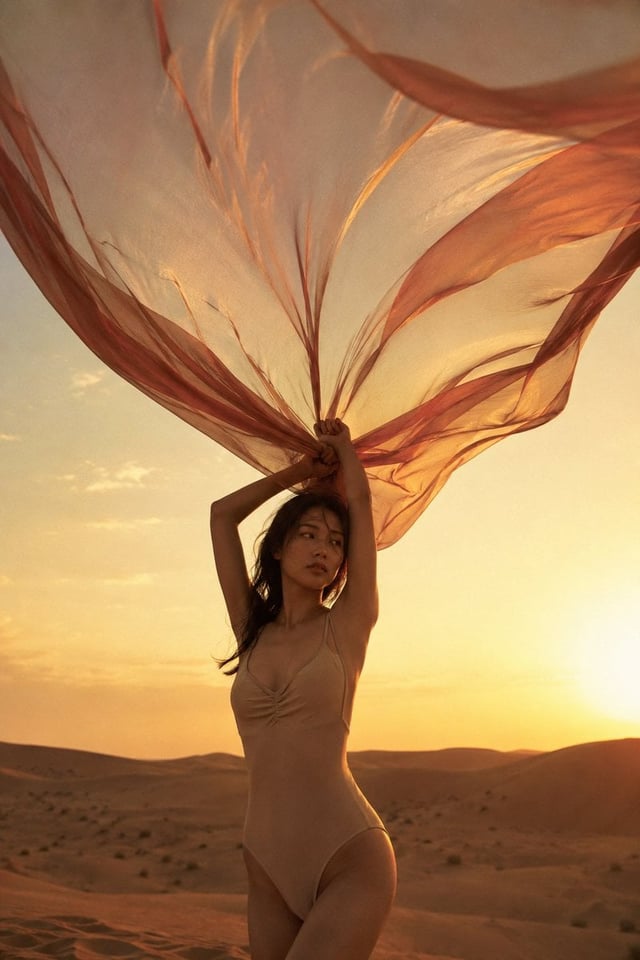 A young Japanese woman wears a sand-toned swimsuit, a rose-gold sheer wrap billowing above her head 