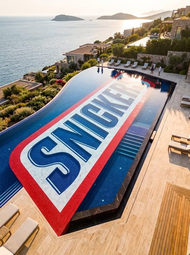 A cinematic high-angle aerial view of a luxury cliffside resort at golden hour, featuring a large in
