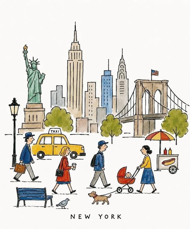 [Destination] = [New York] Create a charming vintage picture-book illustration of [Destination], res