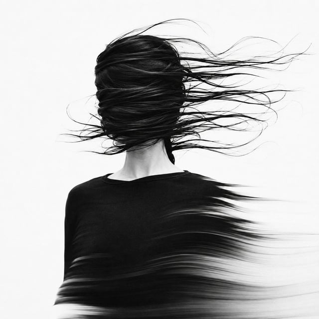 A minimalist monochrome portrait of an anonymous woman standing perfectly still while an impossible 