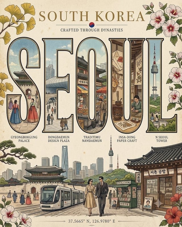 Create a vintage editorial-style travel poster of South Korea on an aged cream parchment background.