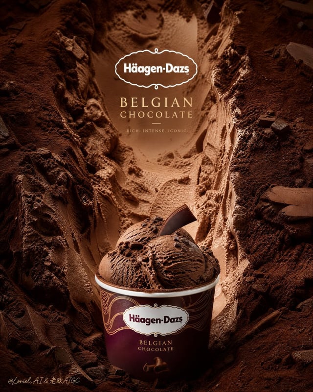 Create an ultra-premium vertical flagship advertising poster for Häagen-Dazs Belgian Chocolate, pres