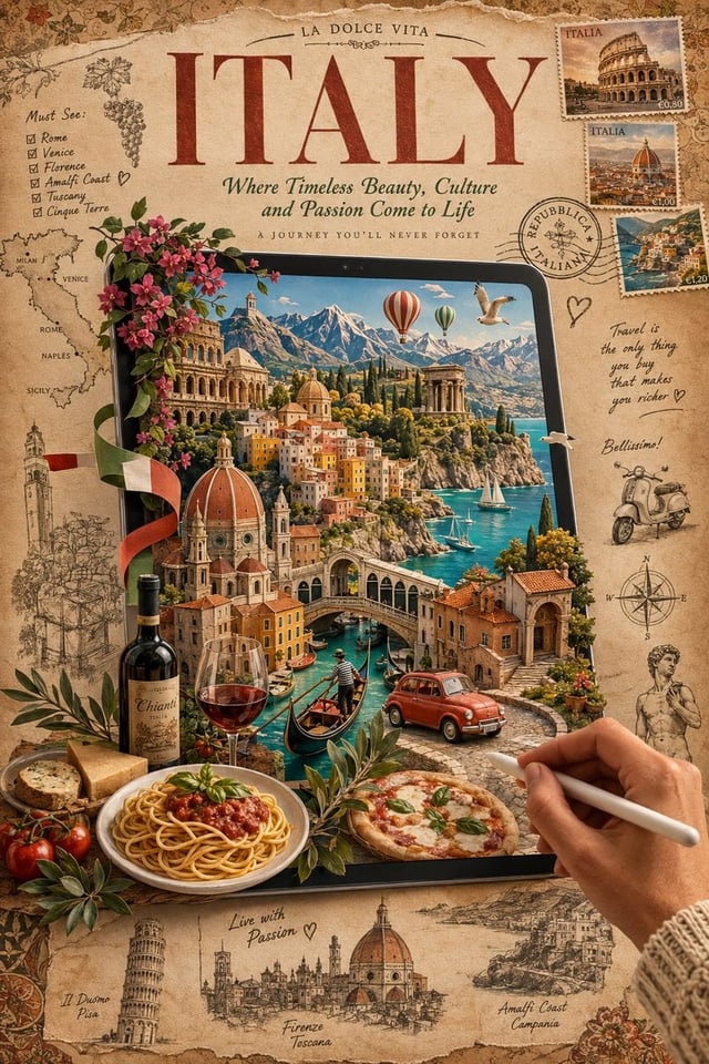 A premium vintage travel poster featuring [County, City] with a large tablet placed in the center di