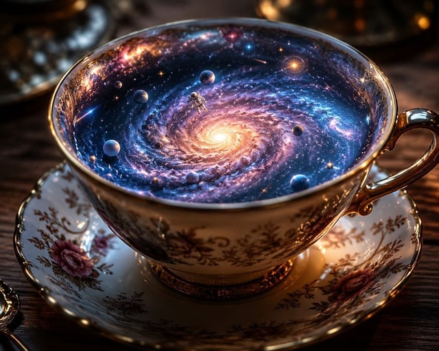 A hyper-realistic macro shot of a delicate porcelain teacup sitting on a wooden table. Instead of te