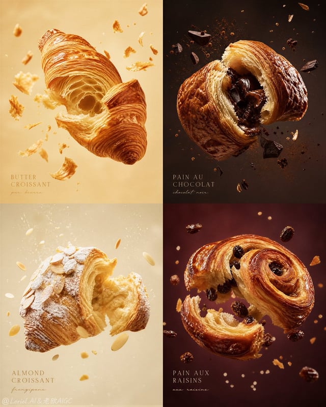Create an ultra-premium vertical 4-panel viennoiserie campaign board, preserving the same refined 2x