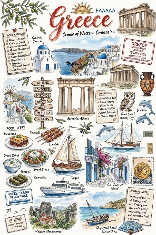 Create a vintage travel journal–style watercolor and ink collage poster of [Destination Name] on tex