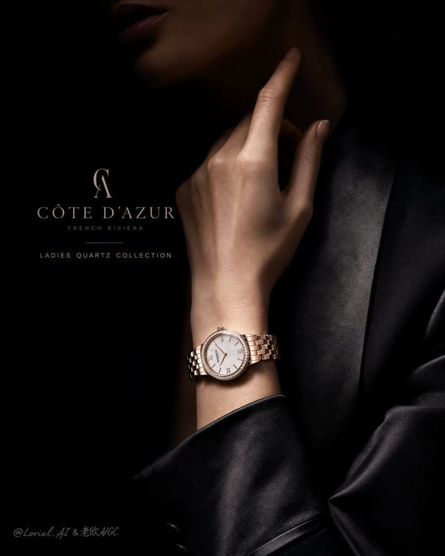 Create an ultra-premium vertical luxury watch advertising poster for Côte d’Azur women’s quartz watc